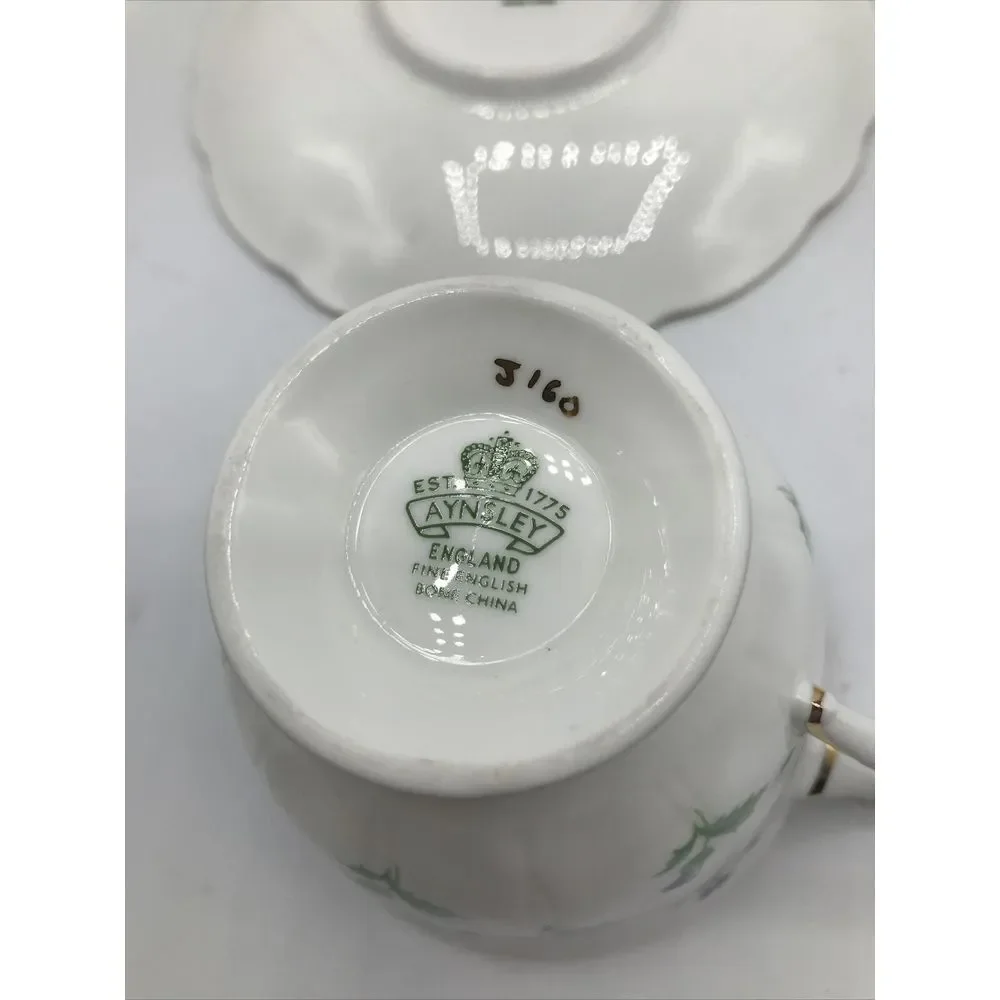 Aynsley Cup & Saucer Fine Bone China Footed w Purple Flowers Gold Trim‎